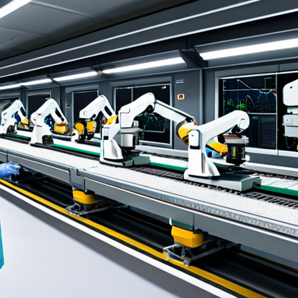 **

"A modern smart factory with robotic arms assembling products on a conveyor belt, data dashboards displaying real-time information, fully clothed workers in lab coats monitoring the process, advanced technology, clean environment, safe for work, appropriate content, professional setting, perfect anatomy, natural proportions, high-quality rendering, digital art, family-friendly, modest."

**