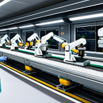 **

"A modern smart factory with robotic arms assembling products on a conveyor belt, data dashboards displaying real-time information, fully clothed workers in lab coats monitoring the process, advanced technology, clean environment, safe for work, appropriate content, professional setting, perfect anatomy, natural proportions, high-quality rendering, digital art, family-friendly, modest."

**