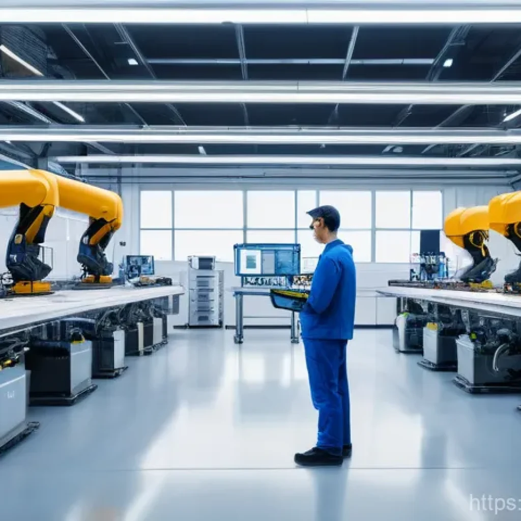 공장자동화 기술의 글로벌 트렌드 - A brightly lit, ultra-modern smart factory floor with advanced robotic arms and collaborative robots...