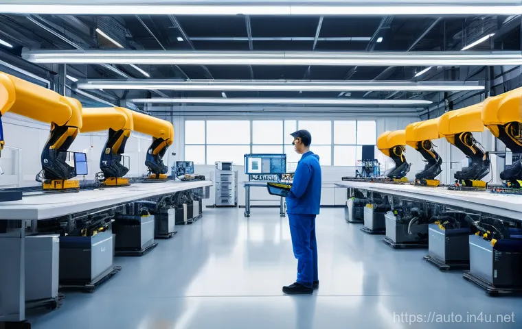 공장자동화 기술의 글로벌 트렌드 - A brightly lit, ultra-modern smart factory floor with advanced robotic arms and collaborative robots...