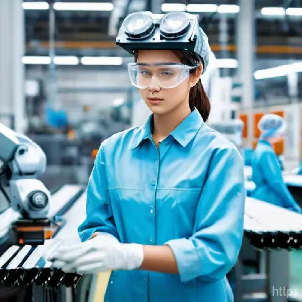 공장자동화 관련 최신 뉴스 - A female factory worker, dressed in a clean, modern, light-blue industrial uniform with safety goggl...
