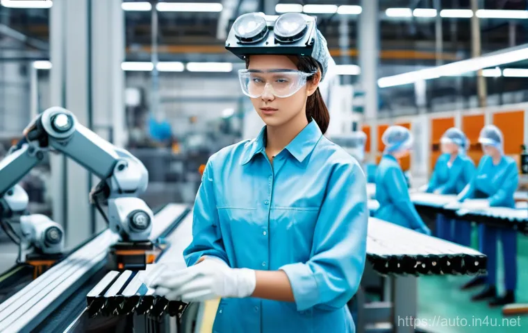 공장자동화 관련 최신 뉴스 - A female factory worker, dressed in a clean, modern, light-blue industrial uniform with safety goggl...