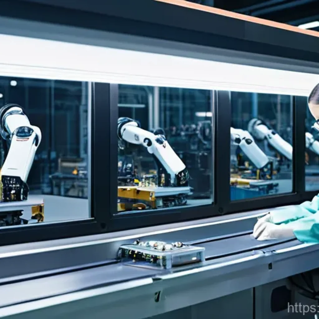 공장자동화 관련 직업군 분석 - **Prompt:** A clean, brightly lit futuristic factory floor where advanced robotic arms are meticulou...