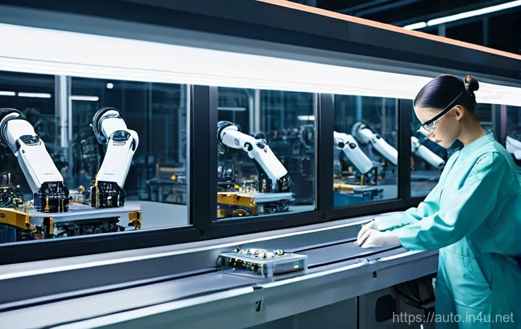 공장자동화 관련 직업군 분석 - **Prompt:** A clean, brightly lit futuristic factory floor where advanced robotic arms are meticulou...
