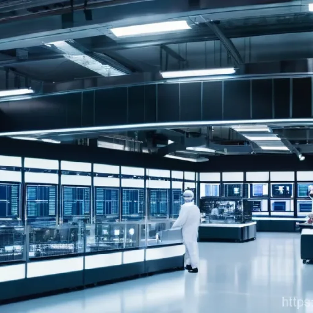 공장자동화 컨설팅 사례 - **A highly advanced, clean, and spacious smart factory floor in Dresden, Germany, at night.** Roboti...