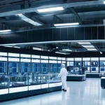 Home 16 공장자동화 컨설팅 사례 - **A highly advanced, clean, and spacious smart factory floor in Dresden, Germany, at night.** Roboti...