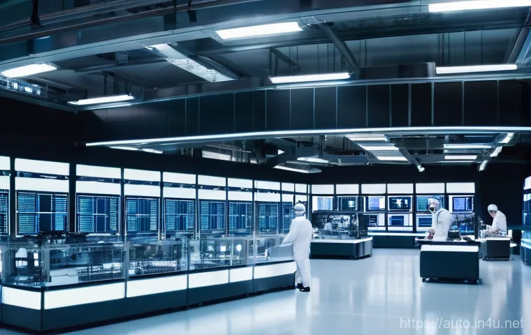 공장자동화 컨설팅 사례 - **A highly advanced, clean, and spacious smart factory floor in Dresden, Germany, at night.** Roboti...