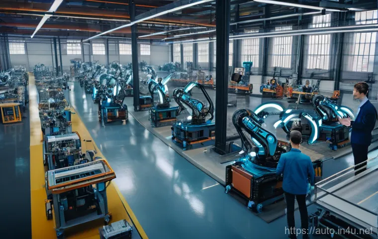 공장자동화 컨설팅 사례 - **A highly advanced, clean, and spacious smart factory floor in Dresden, Germany, at night.** Roboti...