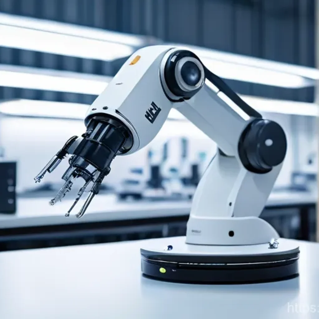 산업용 로봇 정밀 조정 방법 - A highly advanced industrial robot arm with a sleek, minimalist design, performing an extremely deli...