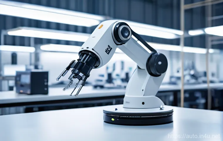 산업용 로봇 정밀 조정 방법 - A highly advanced industrial robot arm with a sleek, minimalist design, performing an extremely deli...