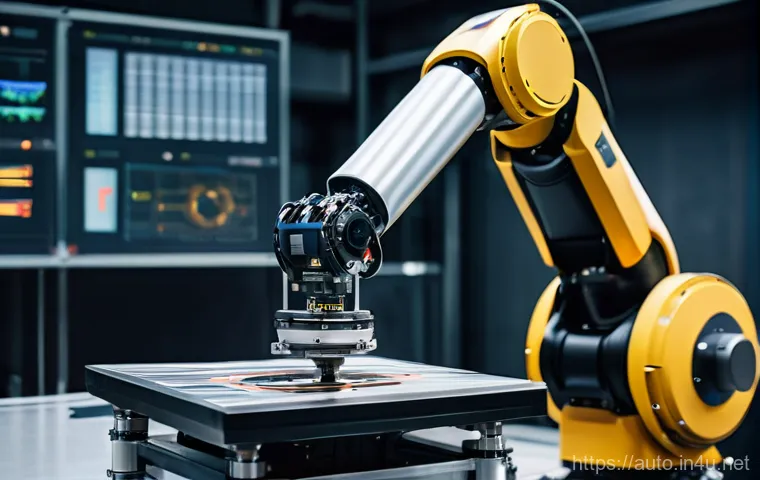 산업용 로봇 정밀 조정 방법 - A highly advanced industrial robot arm with a sleek, minimalist design, performing an extremely deli...