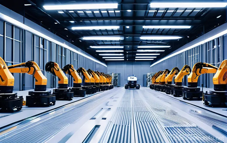 산업용 로봇 정밀 조정 방법 - A close-up, dynamic shot of an industrial robot arm equipped with a prominent, sophisticated vision ...